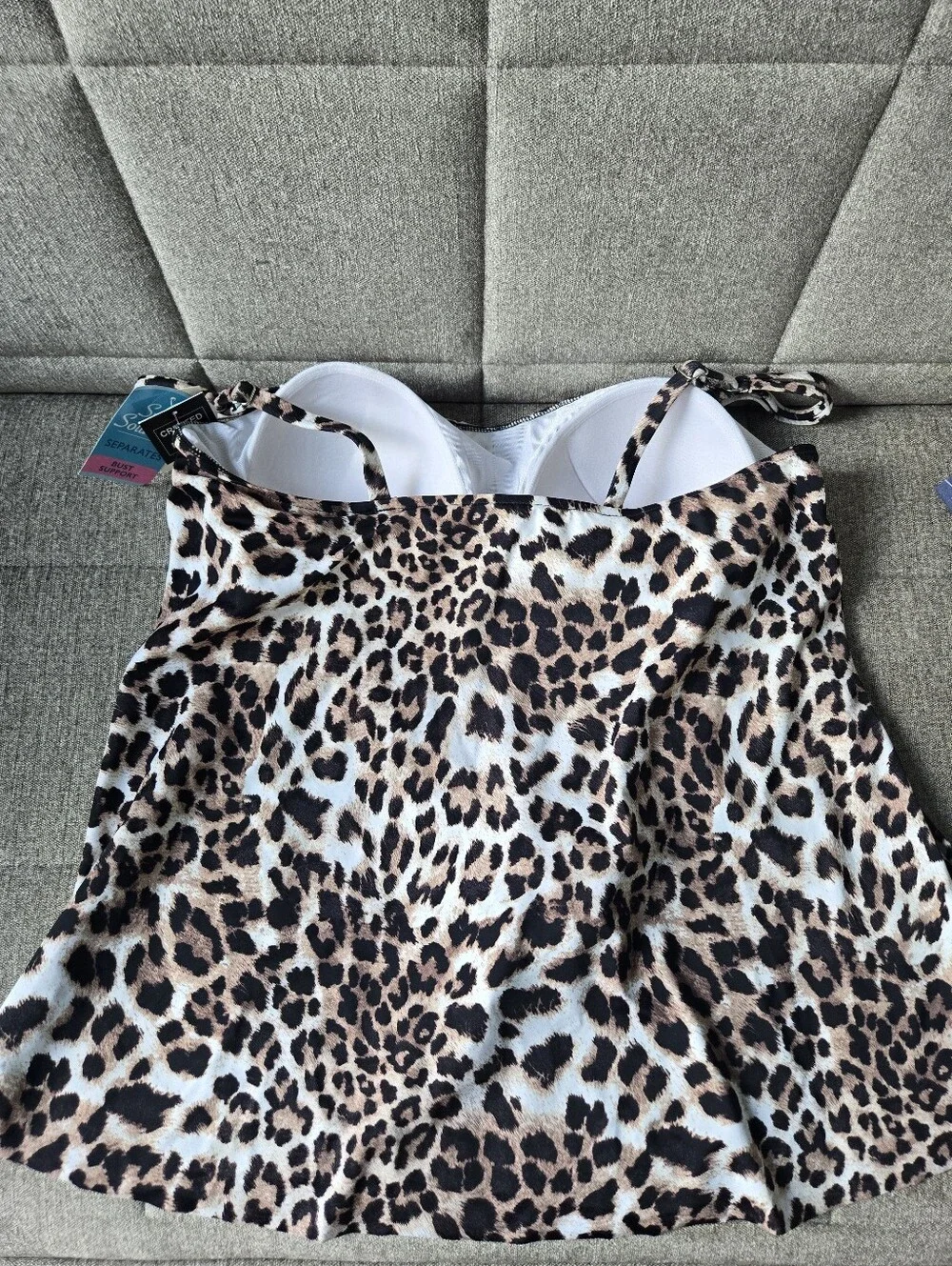 Swim Solutions | Leopard Printed Pleat-Front Tankini Top Tan Beige Size 18